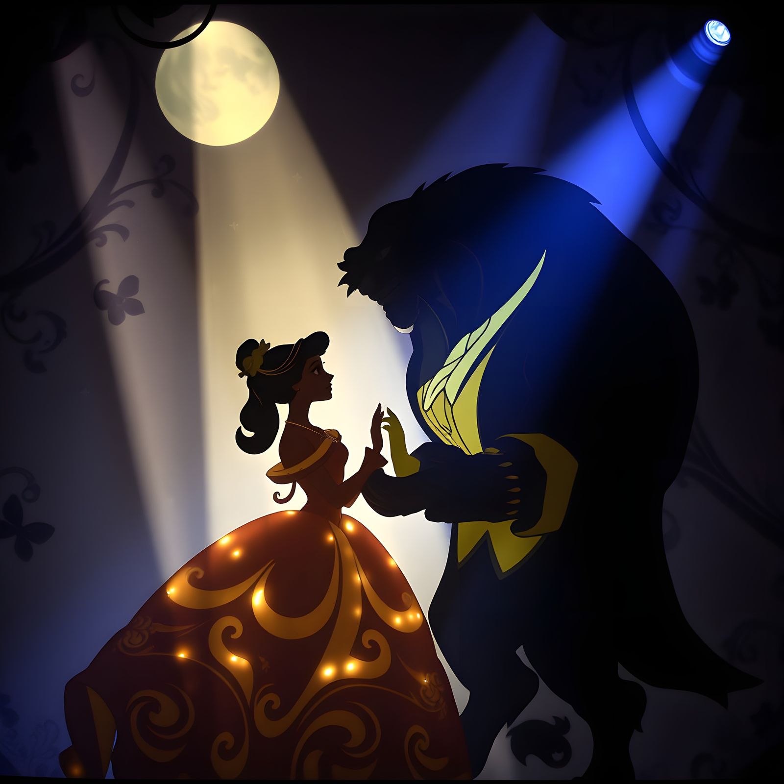 A beautiful masterpiece of Gobo light the beast and sleeping beauty together shaped patterned light, projected