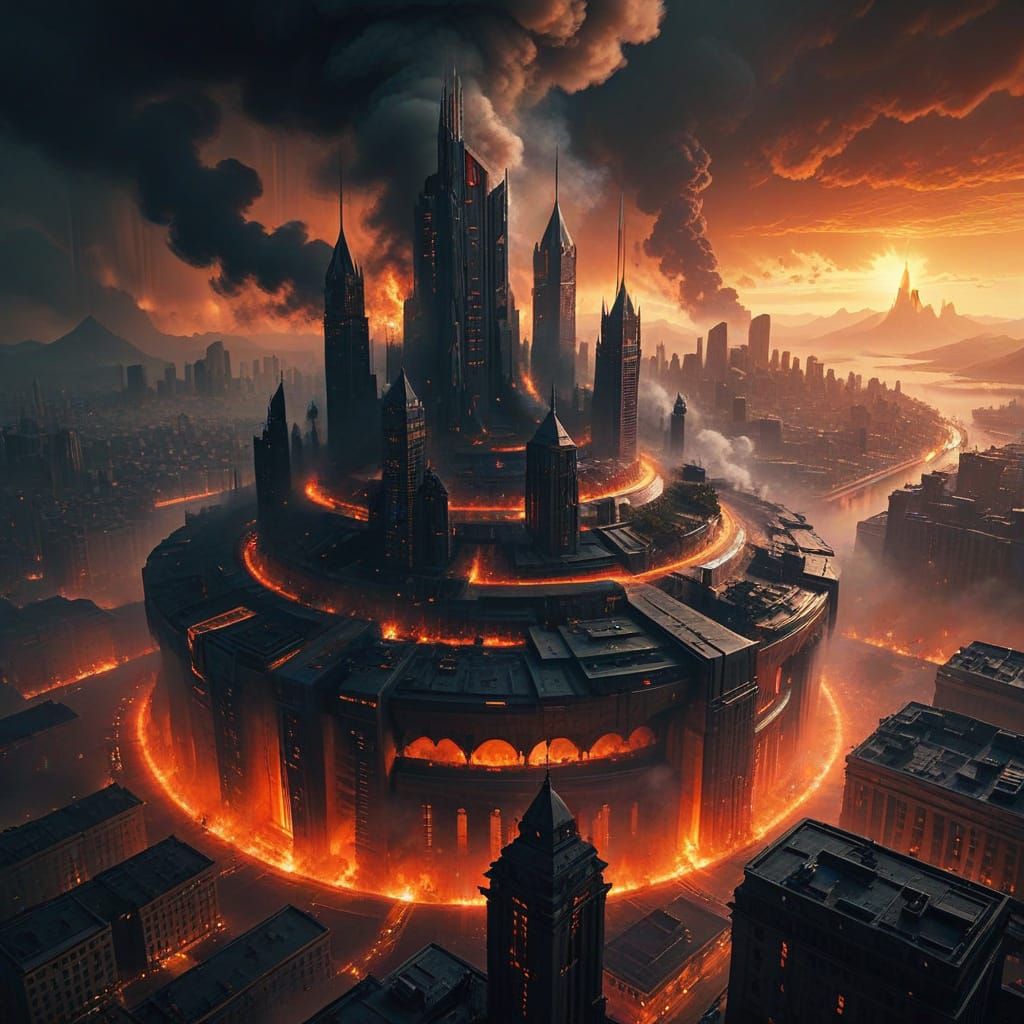 Futuristic Cityscape Engulfed in Smoke, Dramatic Digital Pai...