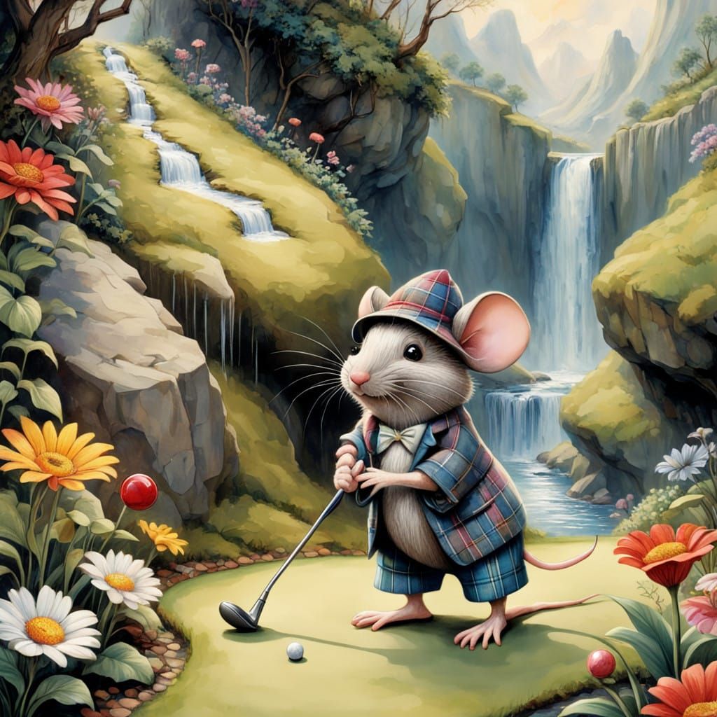 Mouse Lines Up Putt at Whimsical Putt-Putt Course