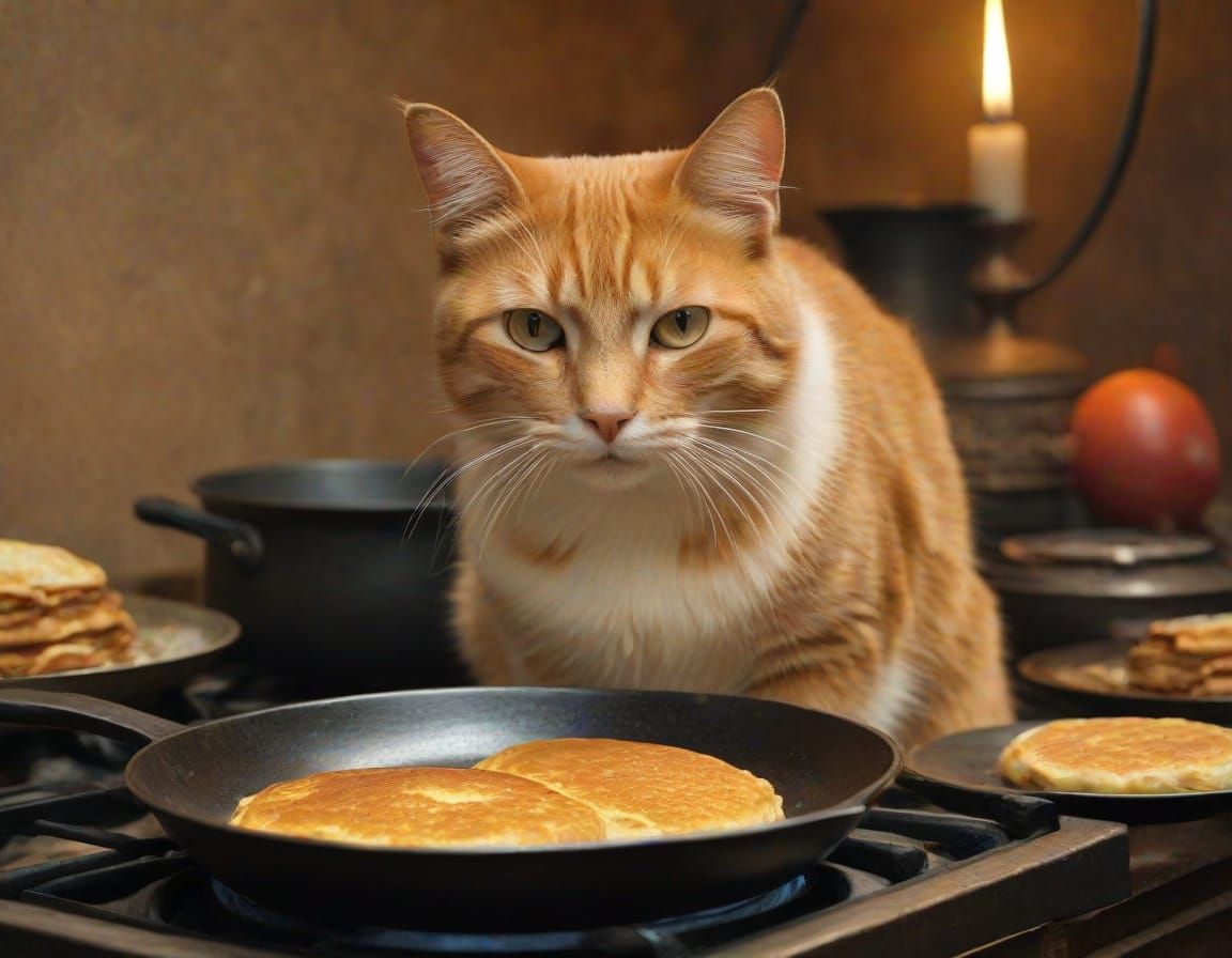 Whiskered Chef Supervises Golden Pancakes
