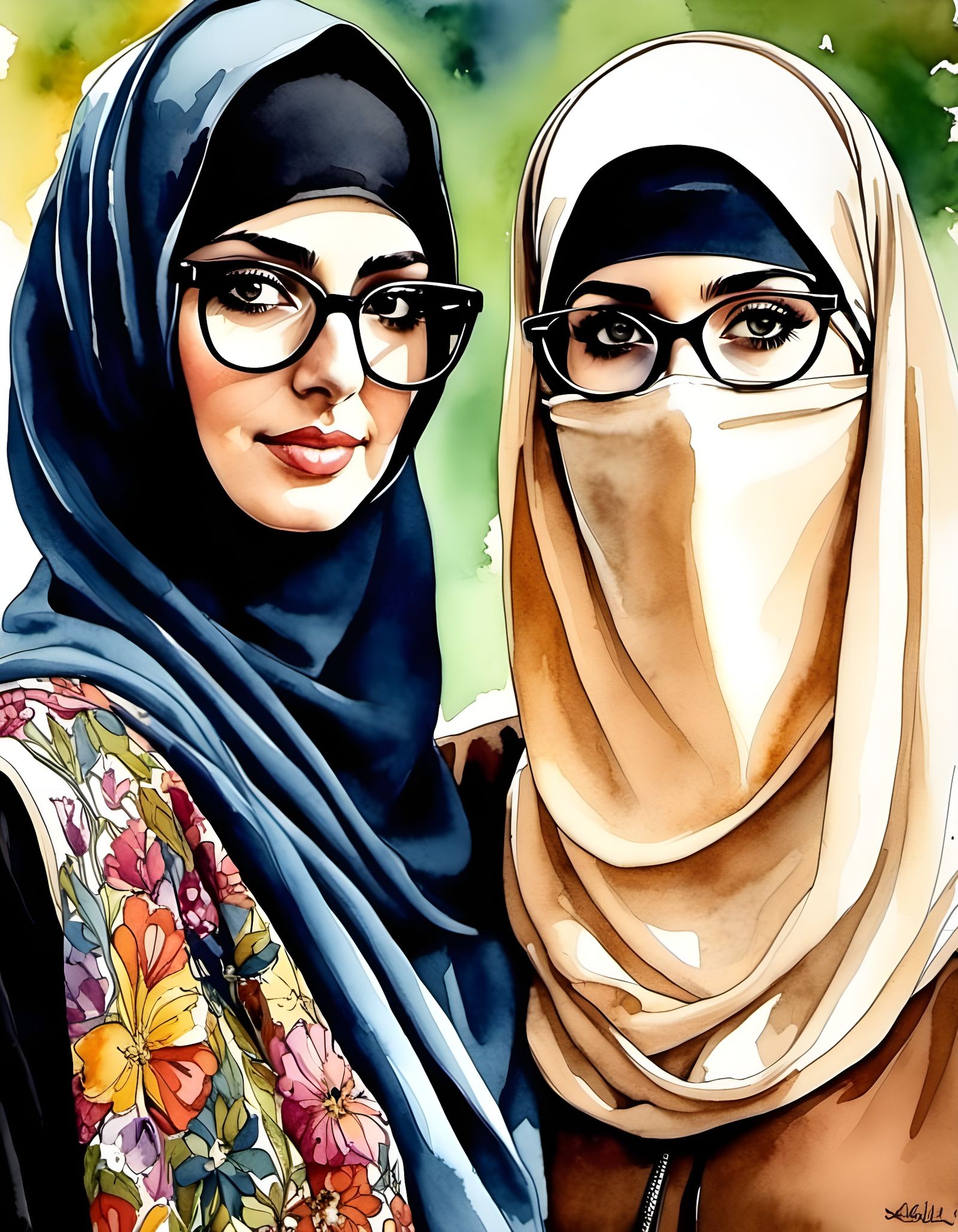 Niqabi Girls in City, Watercolor Art Nouveau Style