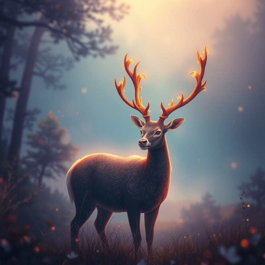 Mystic Deer with Glowing Antlers in Lush Forest