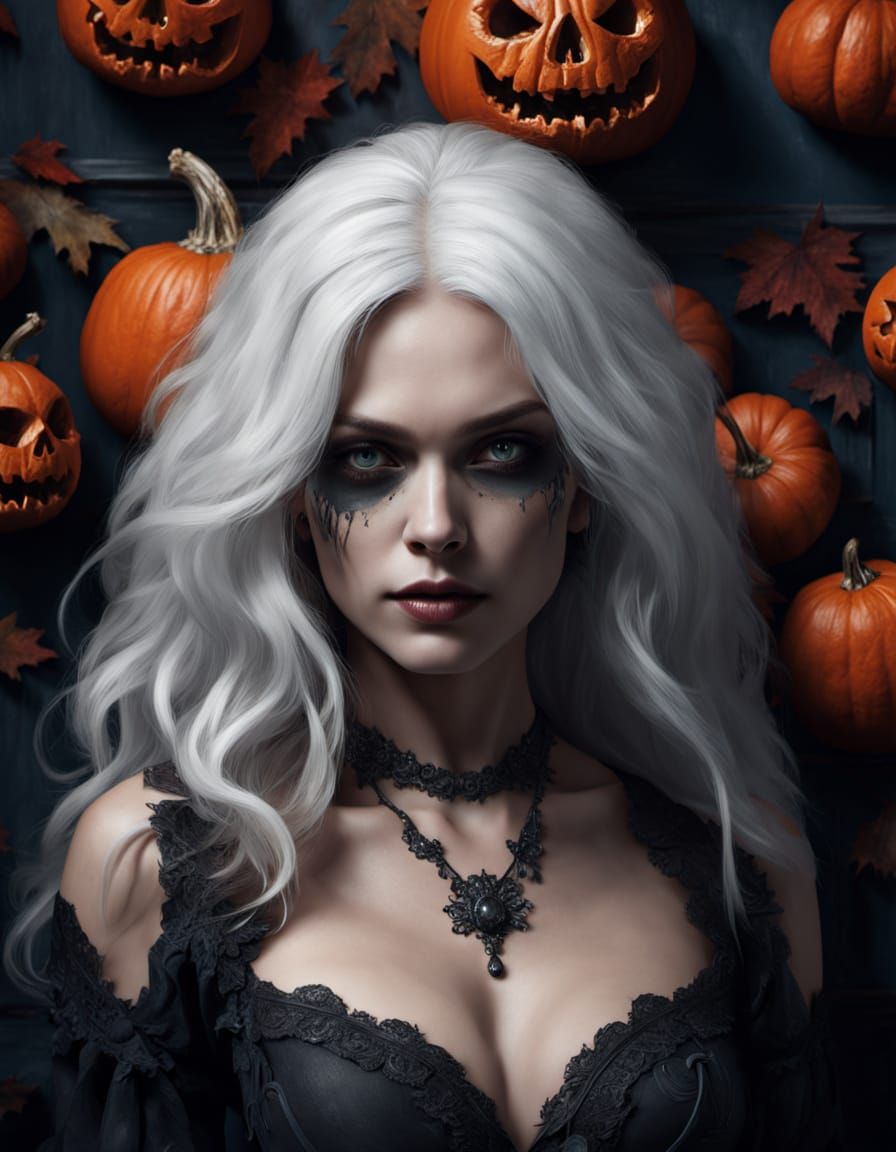Haunting Gothic Woman Amidst Skull Pumpkins