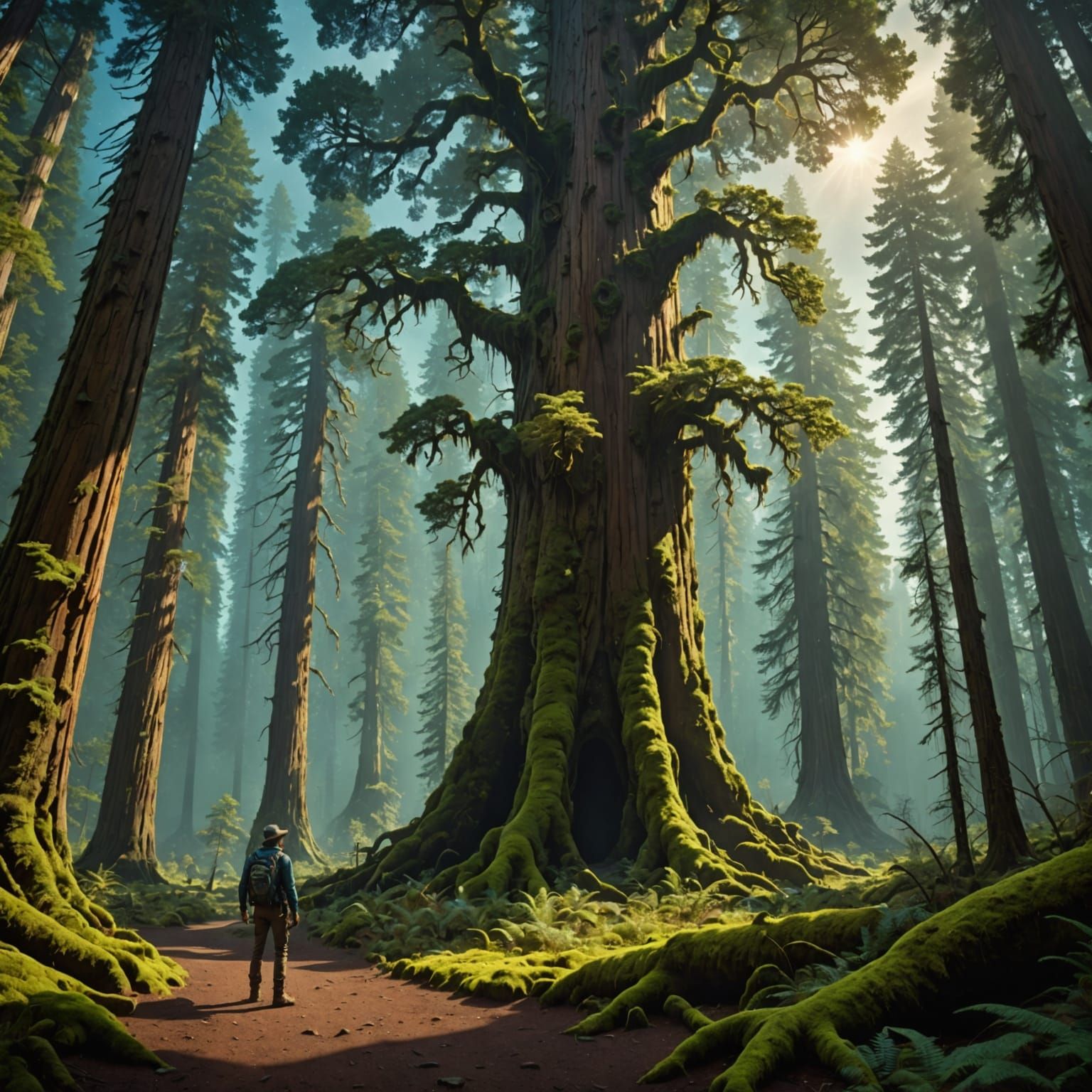 A lone explorer stands at the edge of a colossal redwood for...