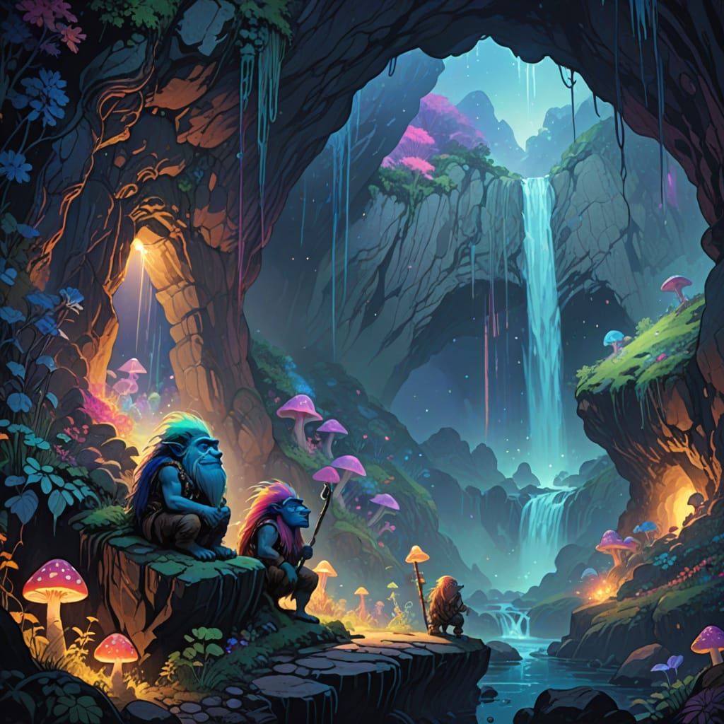 Trolls Guard Cave with Rainbow Starlight, Mucha Style