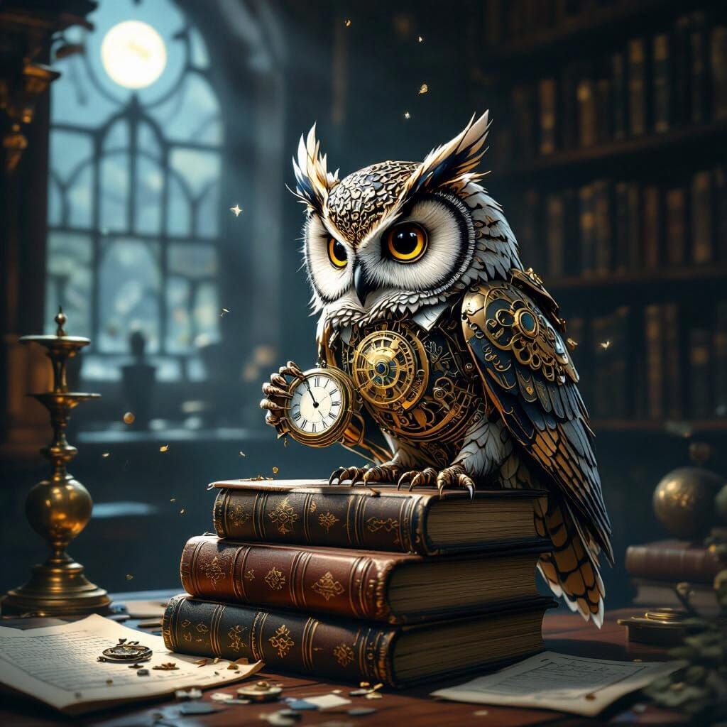 Clockwork Owl Repairs Watch in Victorian Study