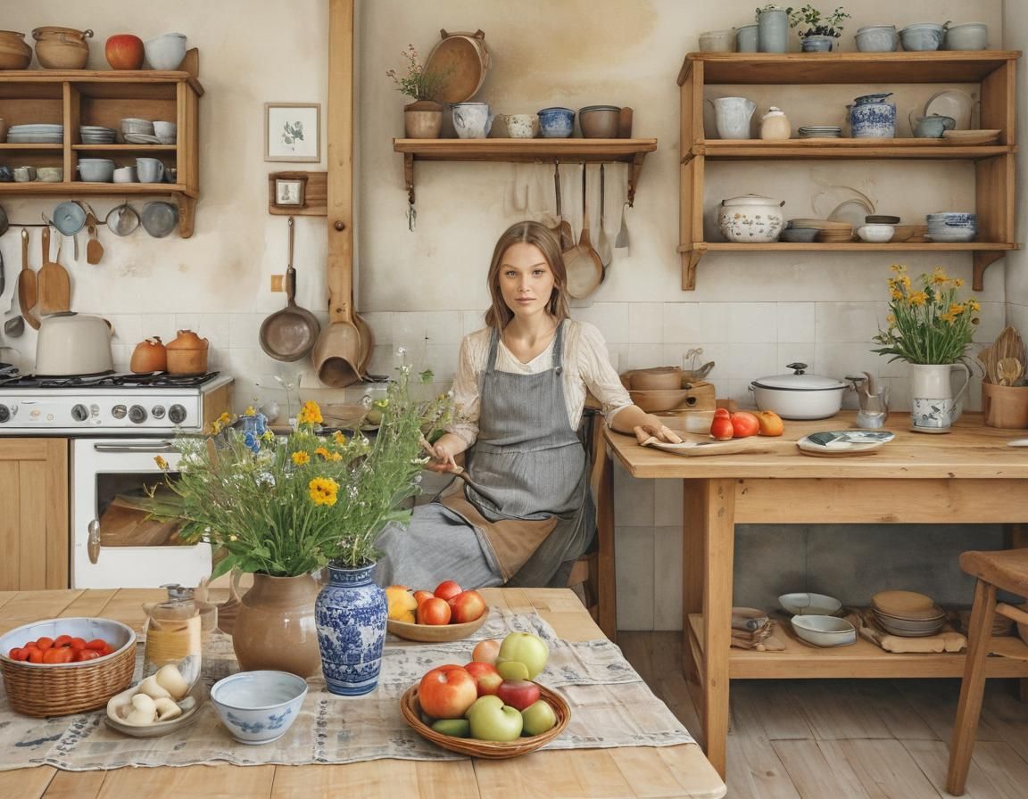 Cozy Scandinavian Kitchen Interior as Watercolor