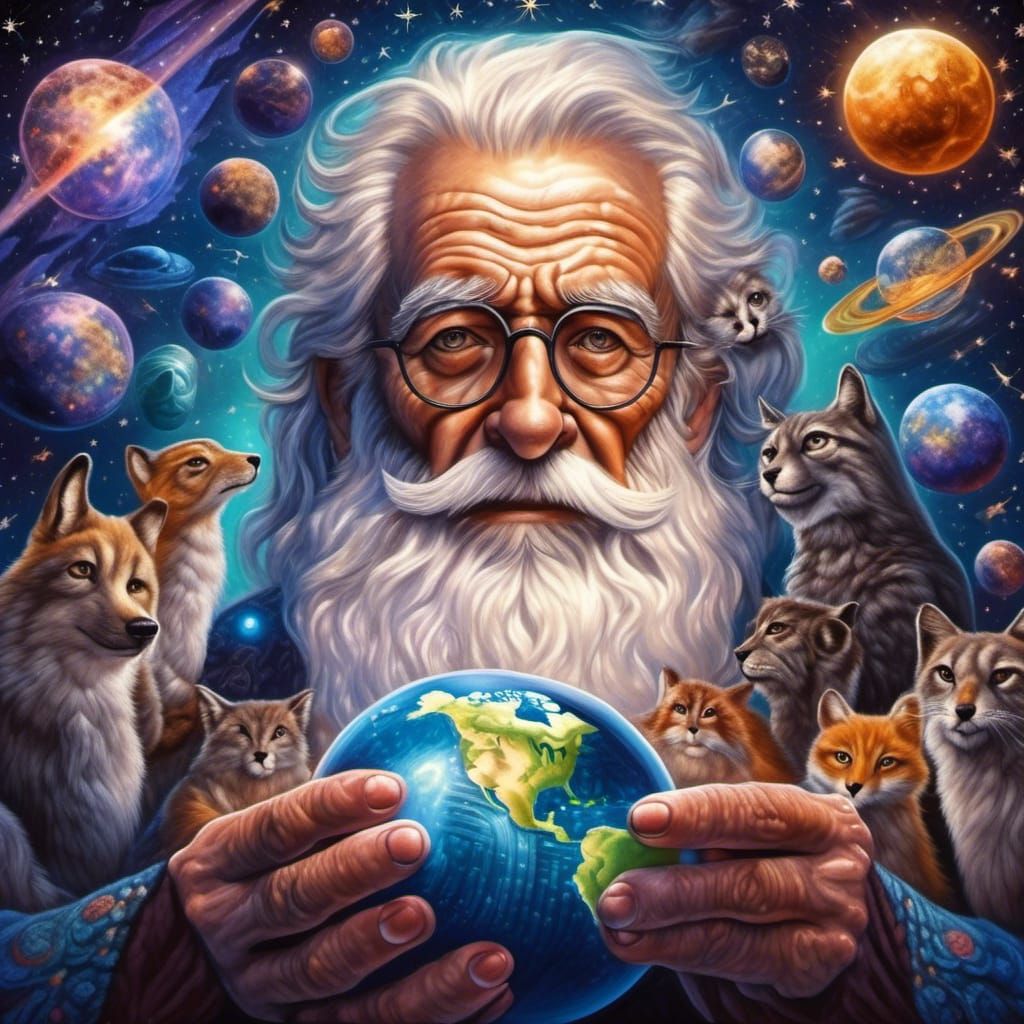 Cosmic Elder Holding Universe Globe