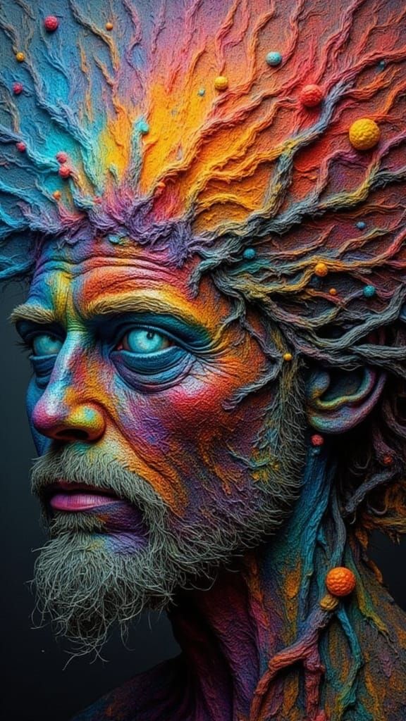 Fractal Faced Man with Rainbow Moss, Dark Fantasy Art