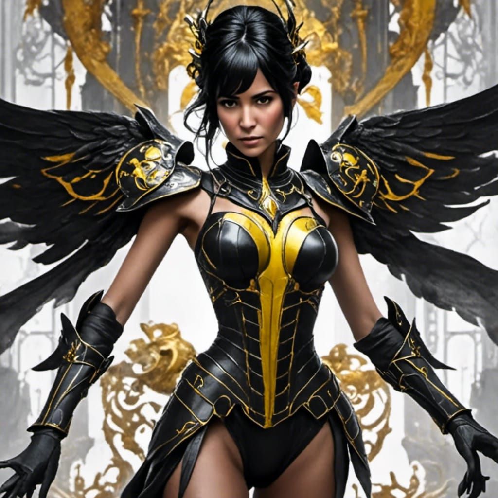 Dynamic Superhero Pose with Black and Yellow Cape