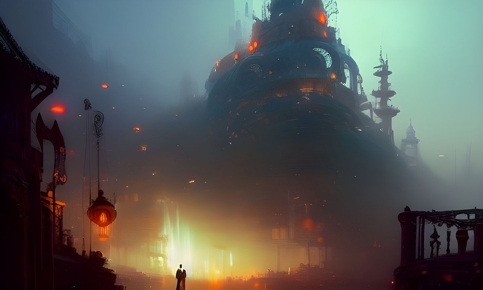 Steampunk City with Waterfall at Dawn