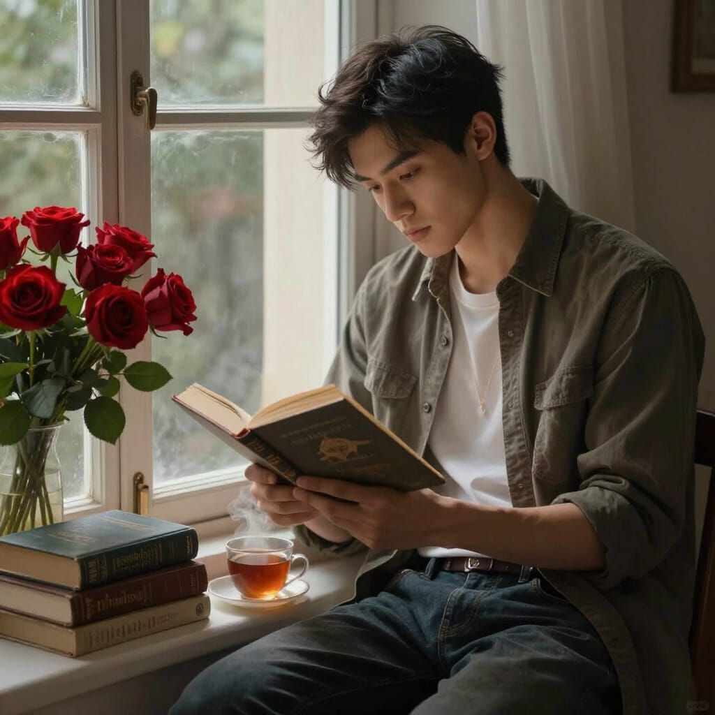 Handsome Asian Man Reading by Window, Serene Art