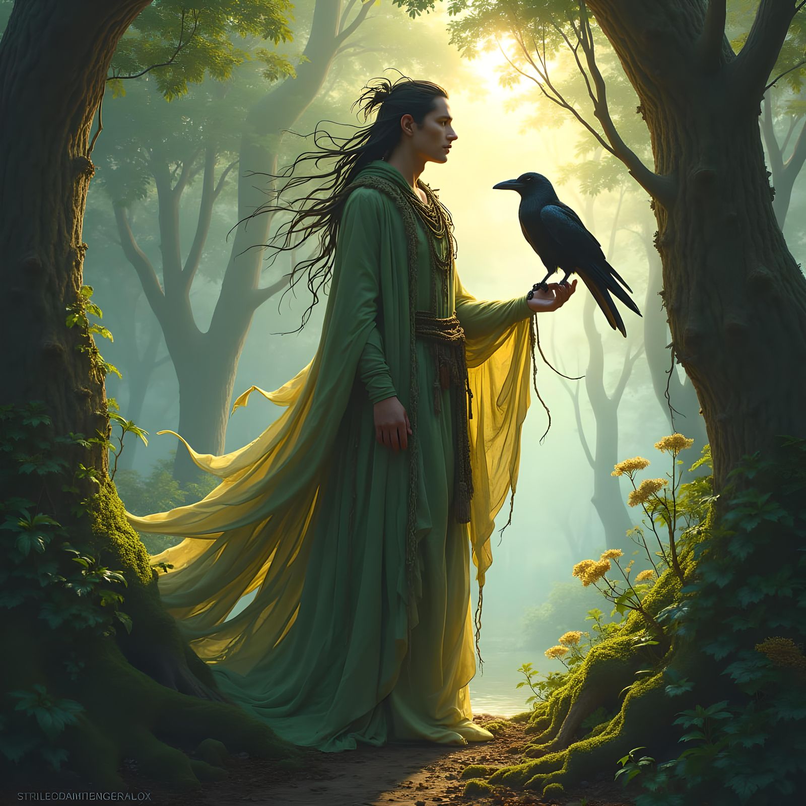 Wood Elf Druid with Crow: Fantasy Art