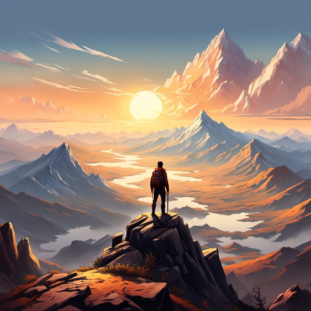 Hiker on Mountain Ridge at Golden Hour