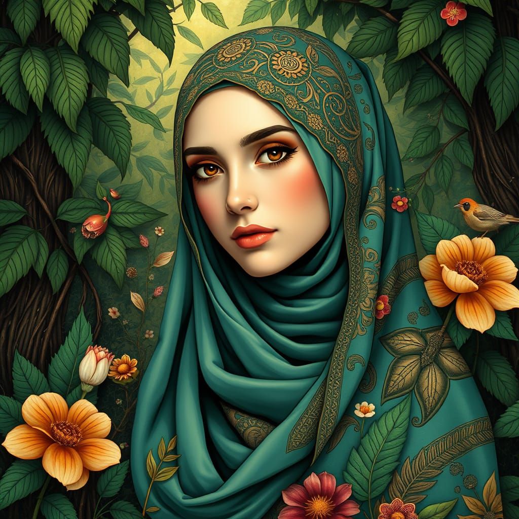 Iranian Princess in Nature: Alphonse Mucha Inspired Art