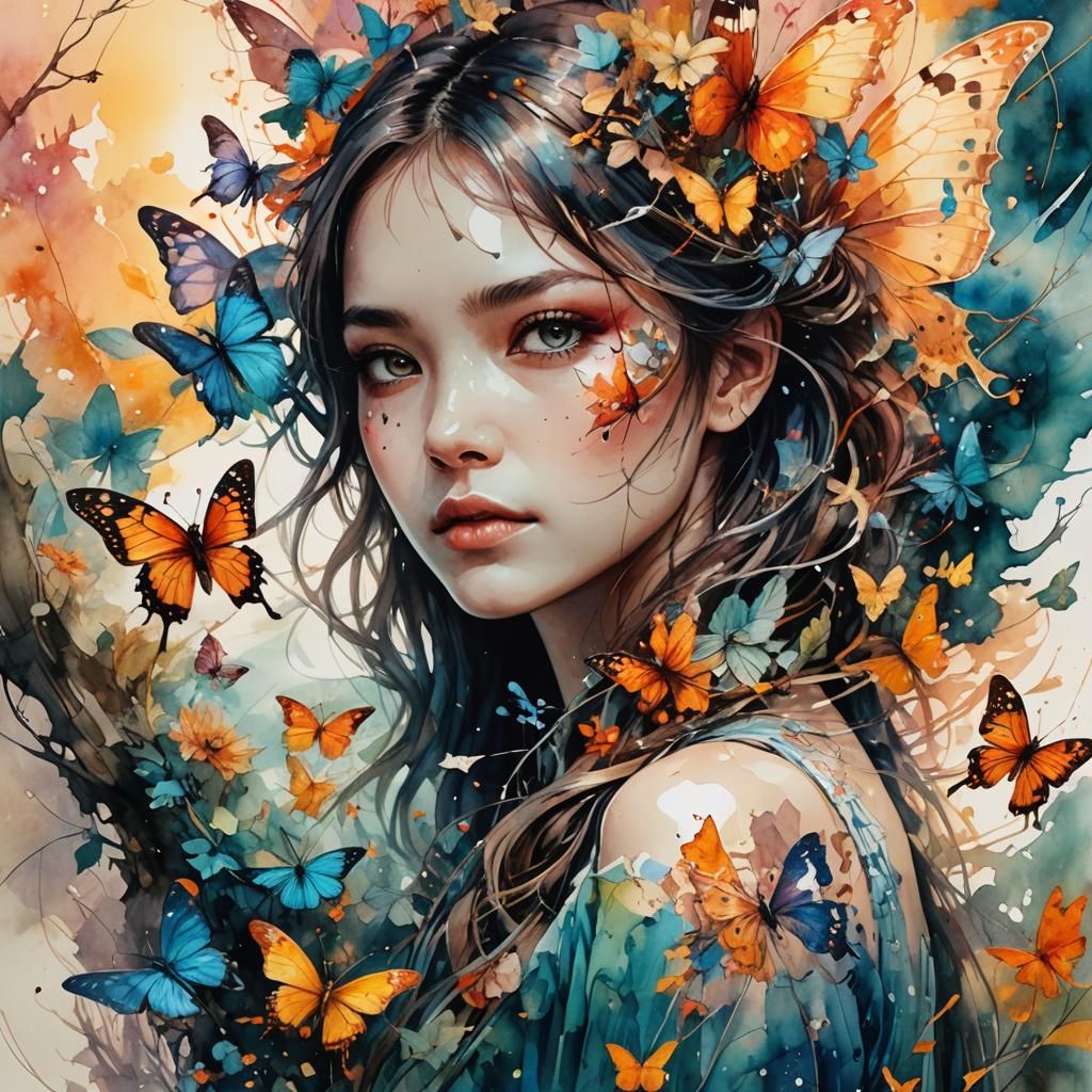 Butterfly and Dragon Summerscape in Watercolor Style