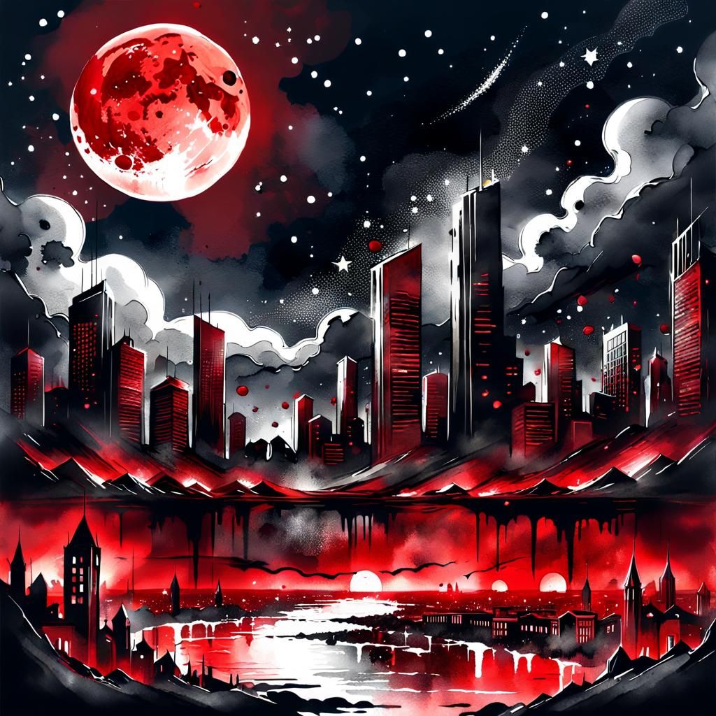 Ruined City Skyline Under Blood Moon