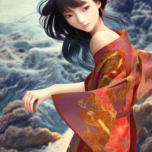 Vibrant Kimono Maiden Embarks on Fiery Quest