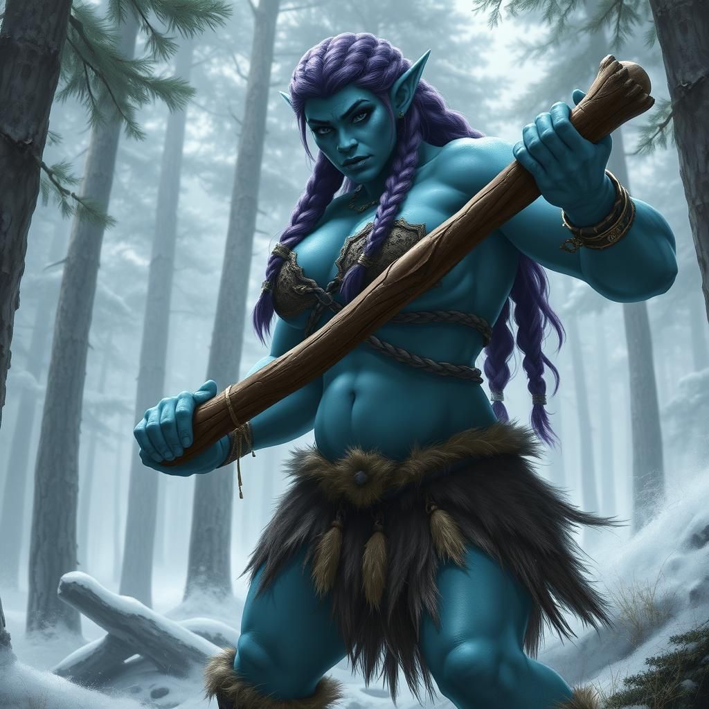 Photorealistic Blue-Skinned Ogre Woman in Forest