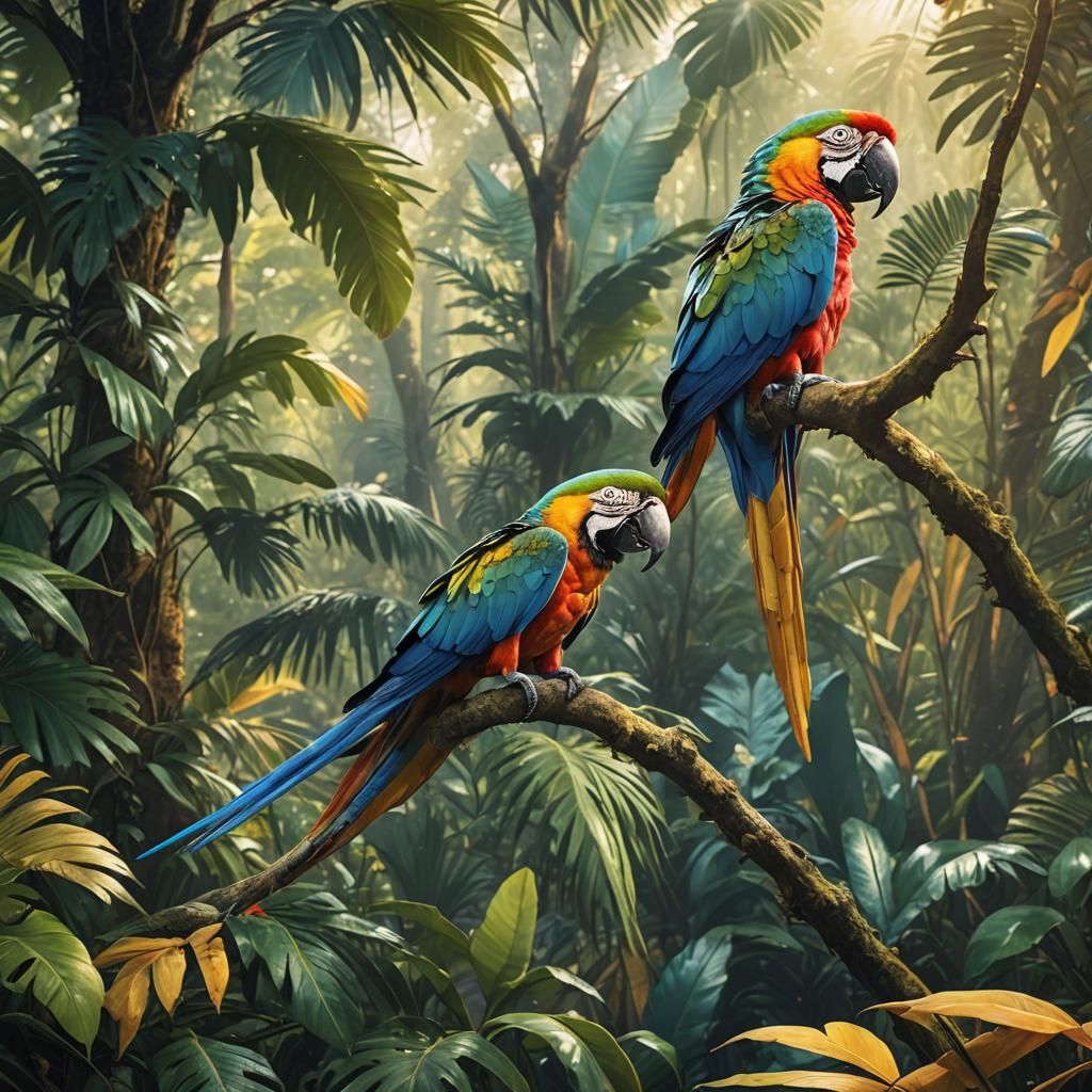 Vibrant Macaw in Lush Forest: Wildlife Illustration
