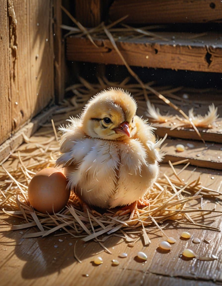 Hopeful Chick Emerges from Egg in Cozy Watercolour Scene
