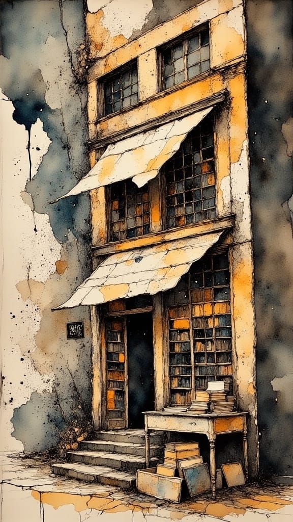 The Tilted Bookshop with Cracked Signage