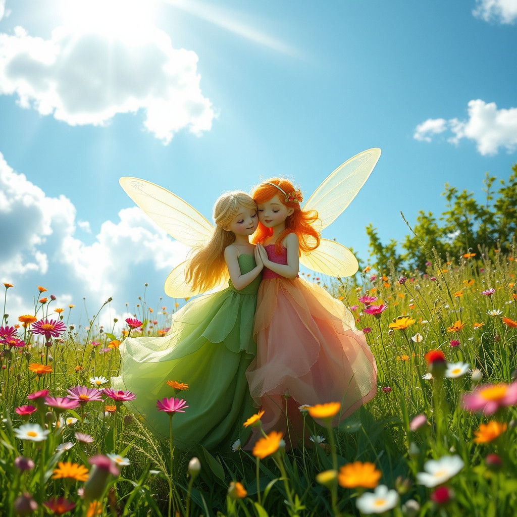 Fairies Embrace in Sunlit Meadow
