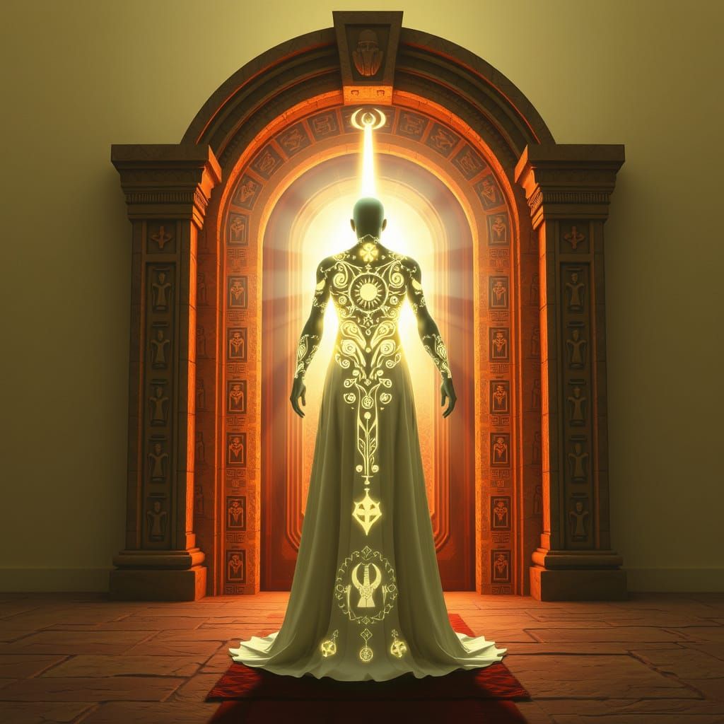 Ethereal Figure Dissolving into Light Before Stone Door