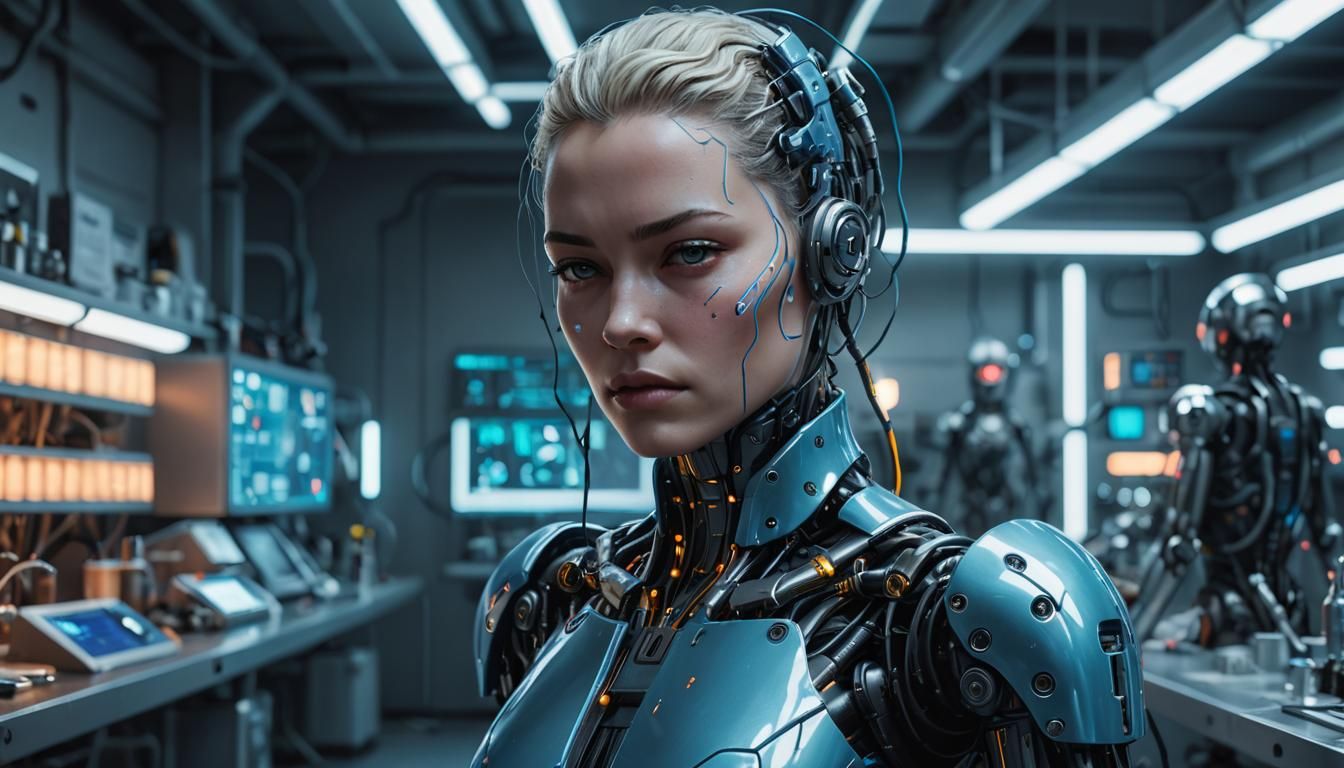 Futuristic AI fembot with sleek chrome and iridescent body panels, her form a perfect blend of mechanical precision and ...