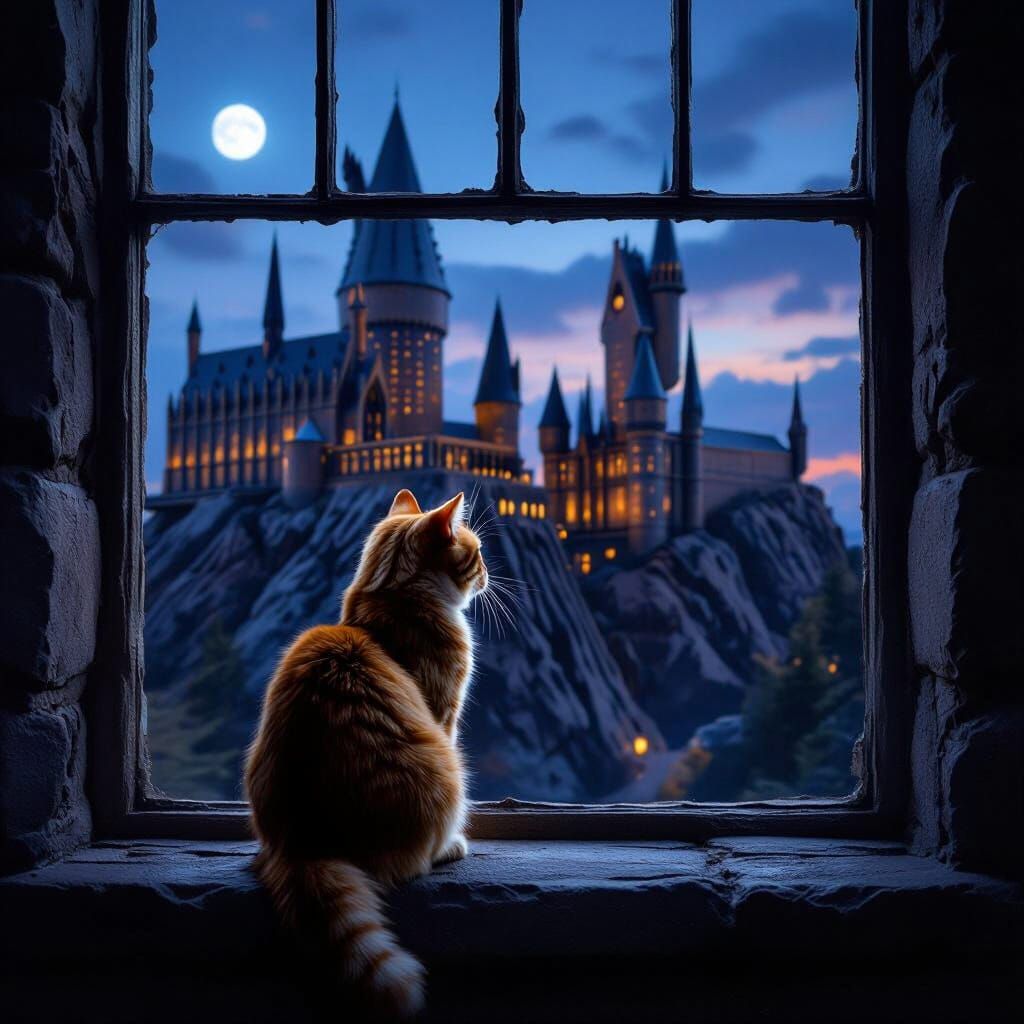 Ginger Cat Gazes at Hogwarts at Twilight