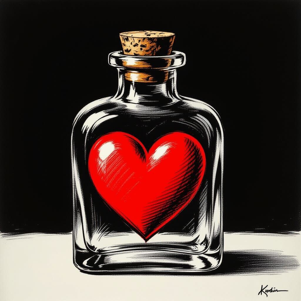 Hyperdetailed Charcoal Drawing of Cartoon Heart in Glass Bot...