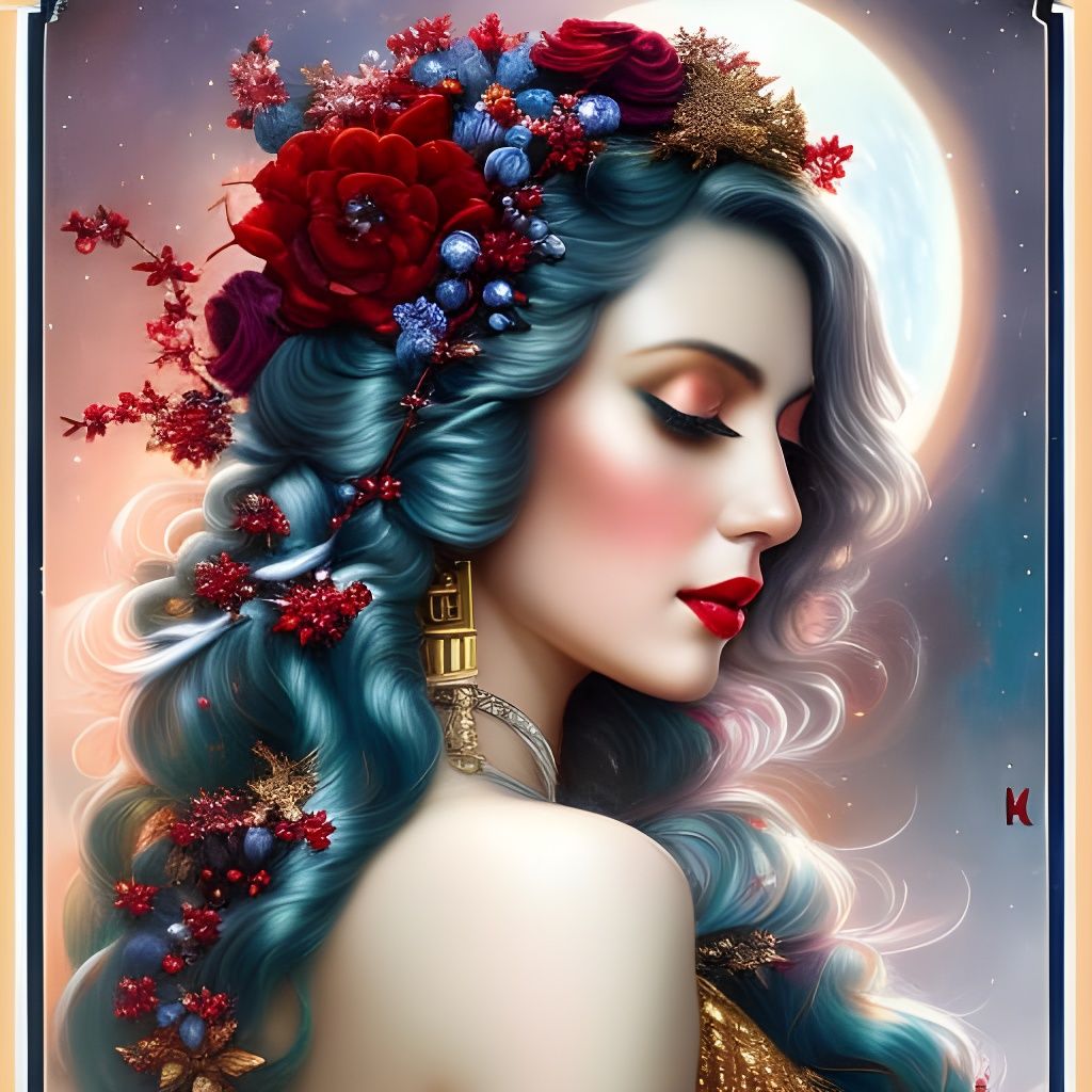 Winter Goddess with Red Flowers in Digital Art