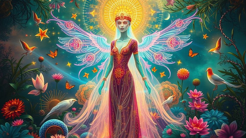 Ethereal Code Weaver in Vibrant Botanical Realm