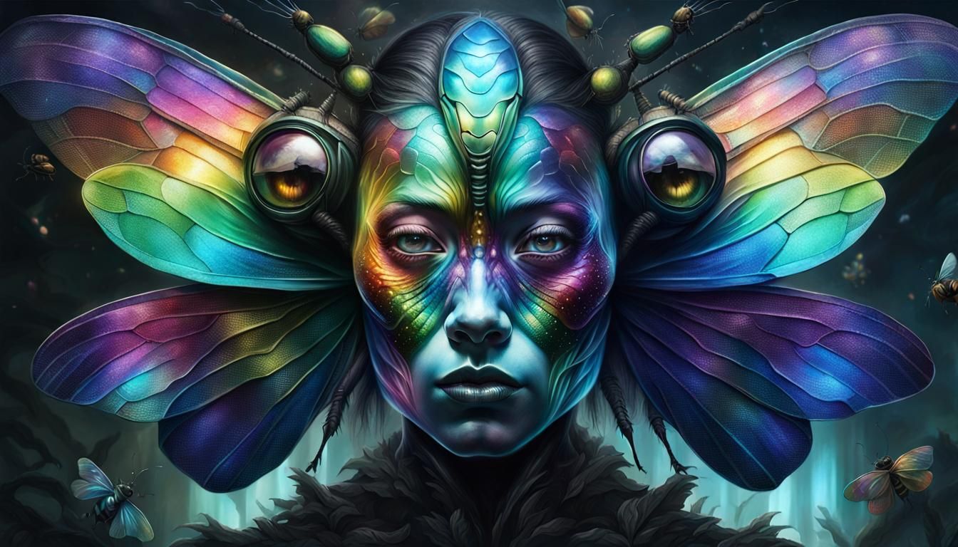 Insect Woman with Iridescent Wings and Rainbow Reflections