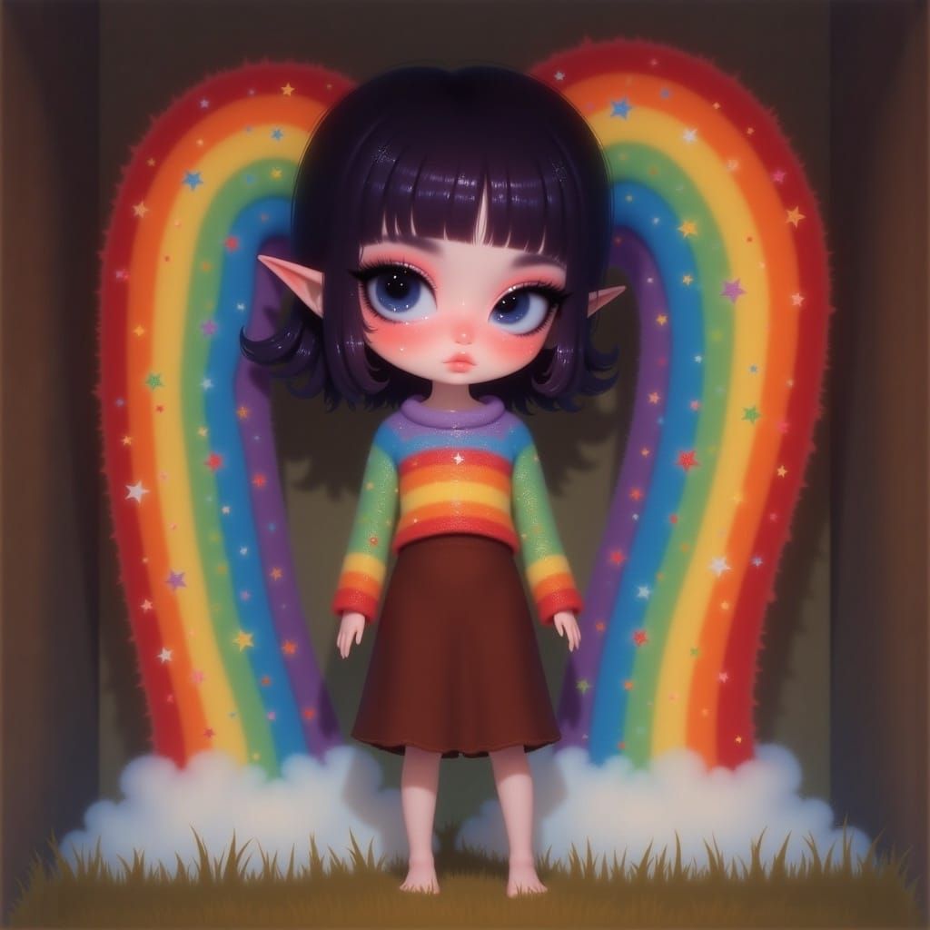 Woman Vomiting Rainbow with Big Doll Eyes