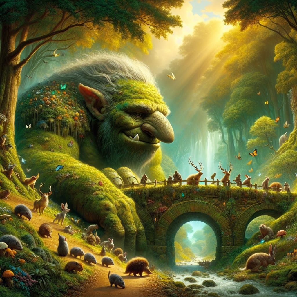 Colossal Bridge Troll in Lush Fantasy Forest