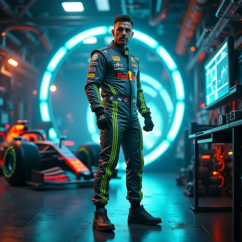 Futuristic Formula 1 Driver in Neon Garage