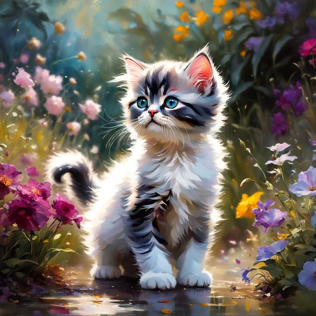 Persian Kitten in Flowerbed: Detailed Matte Painting