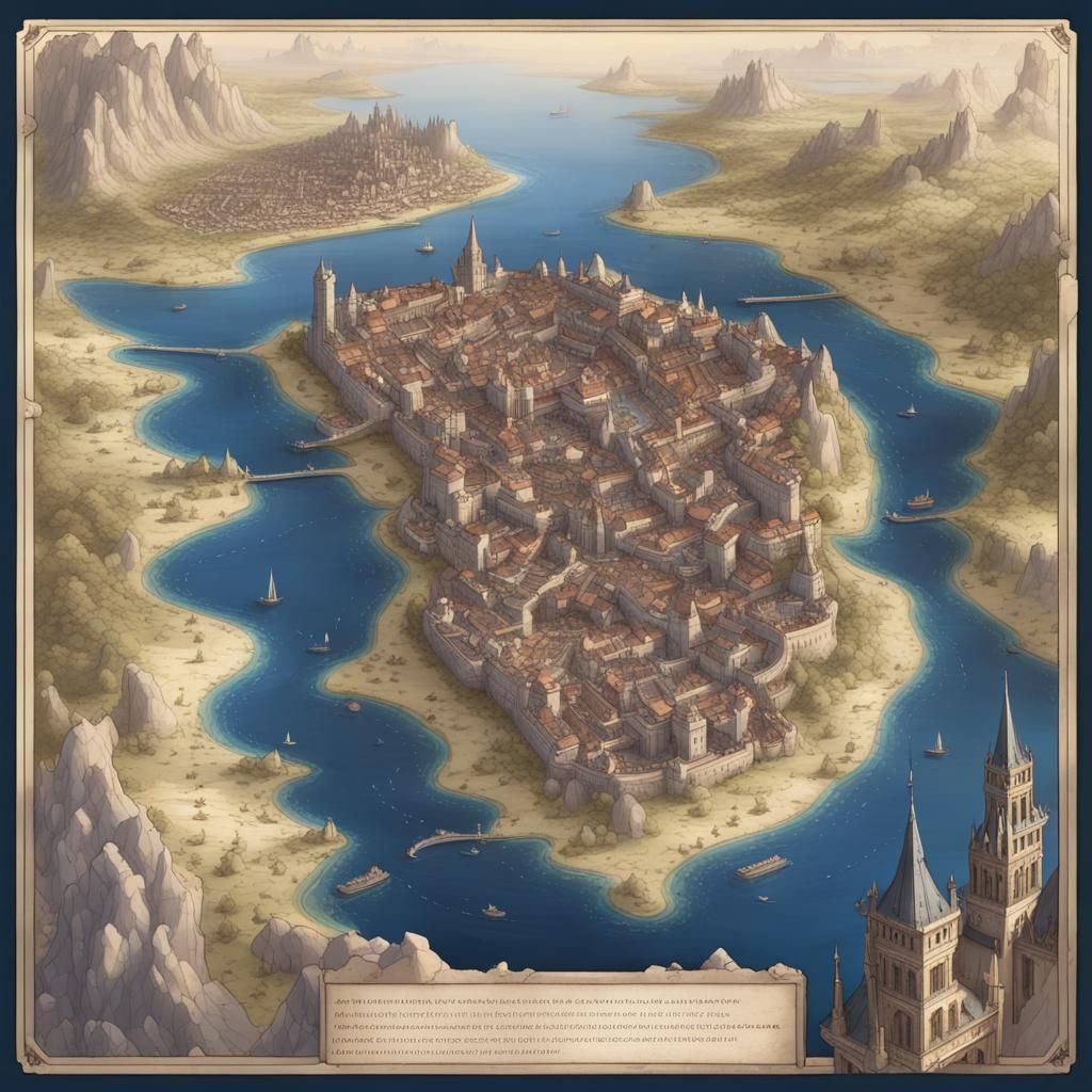 Coastal Medieval City Map in Romantic Academia Style