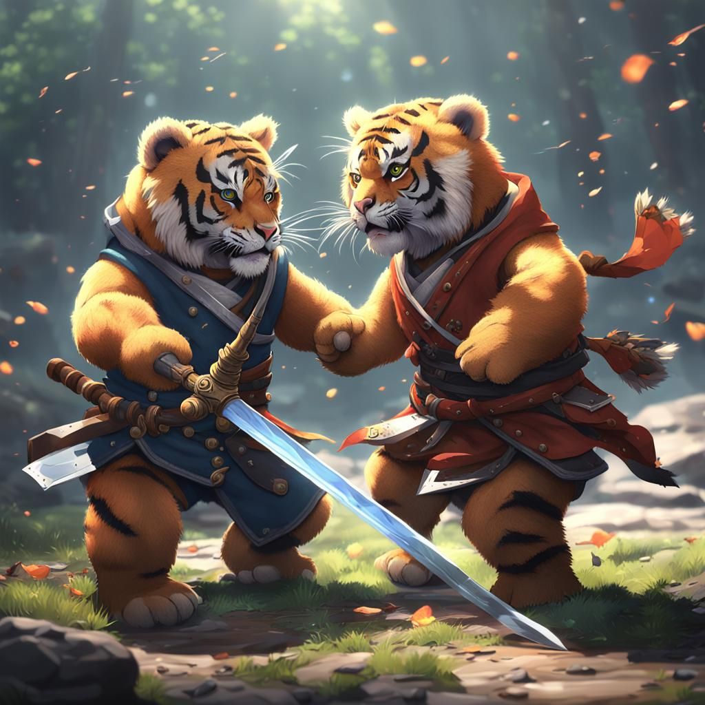 Tiger Teddy Bears Sword Fight in 3D Anime Art