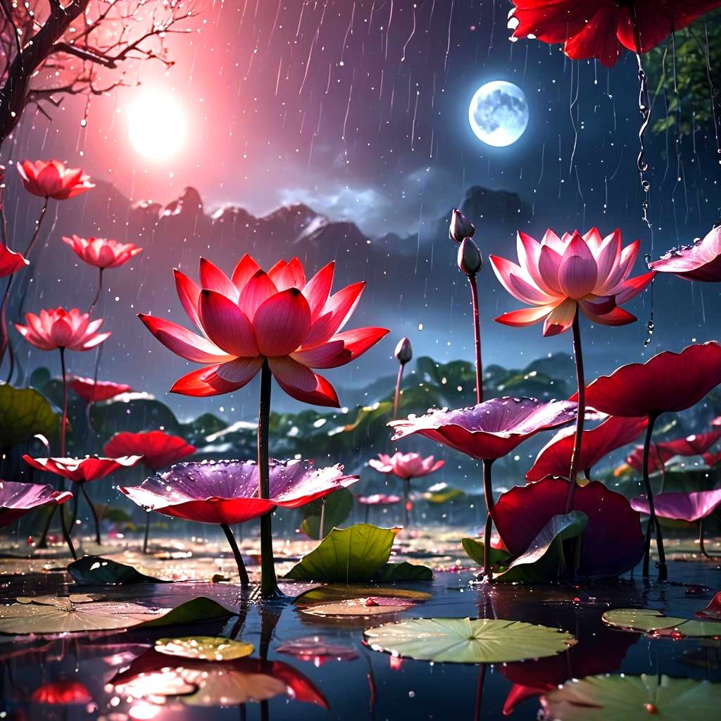 Stunning Red Lotus Reflecting Moonlight in Detailed Digital ...
