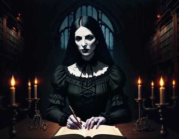 Gothic Woman in Dimly Lit Library, Digital Art