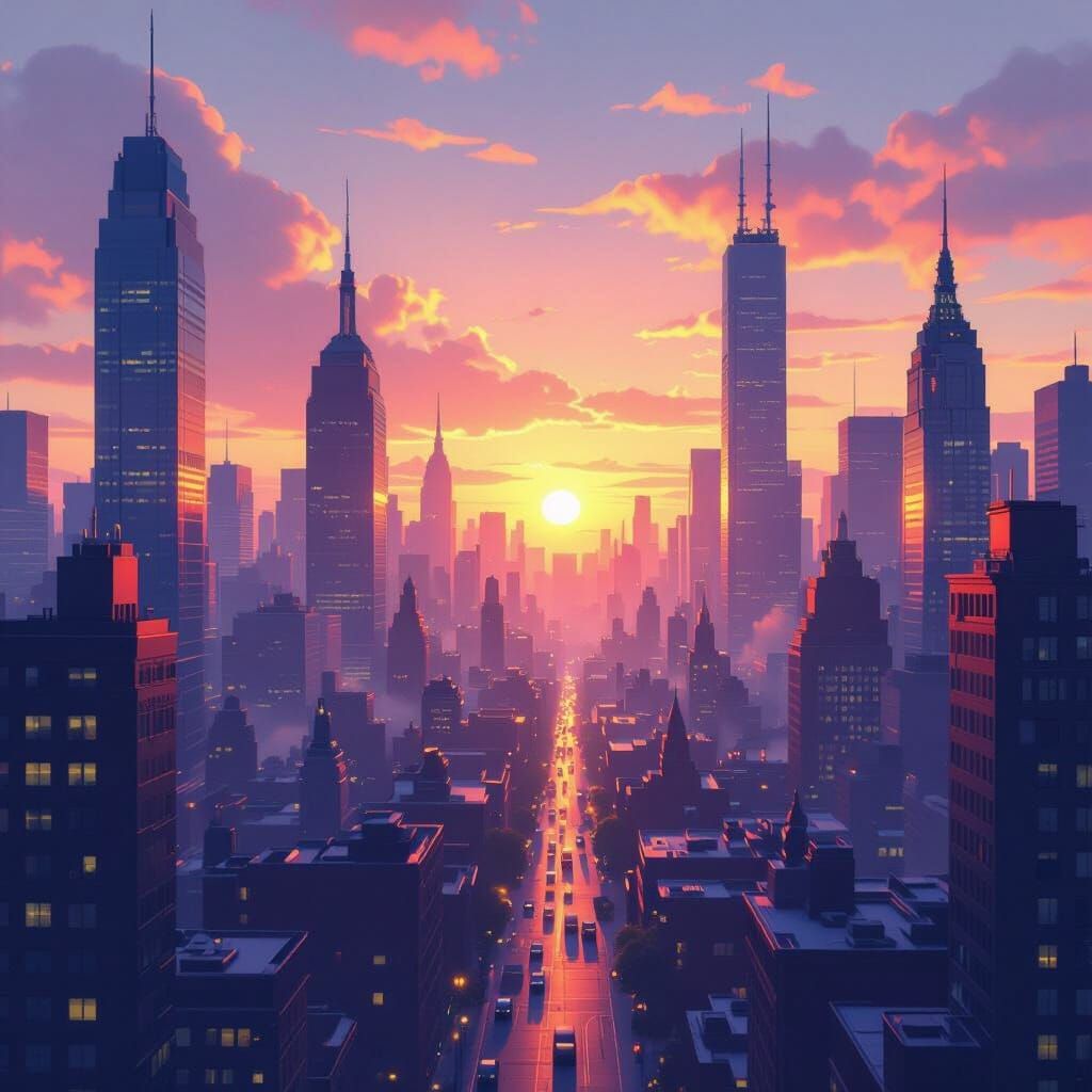 Animated Cityscape at Dawn: Cinematic Digital Matte Painting