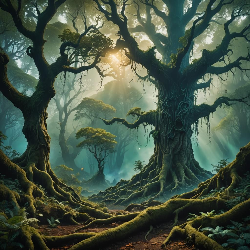 Mystical Forest Shrouded in Atmospheric Smoke