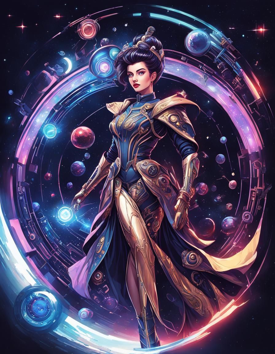 Surreal Robot Pin-Up in Cyberpunk Art Nouveau Style