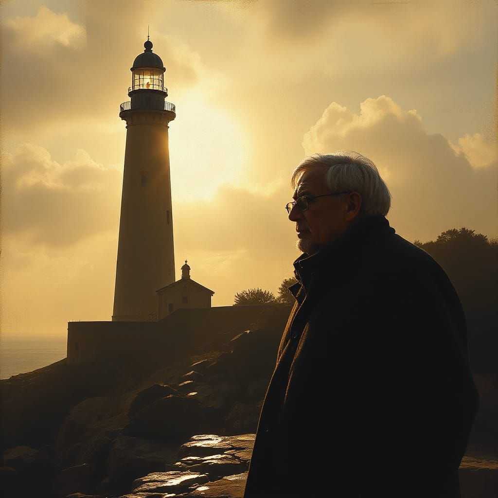 Elderly Man Silhouetted Before Lighthouse Oil Painting