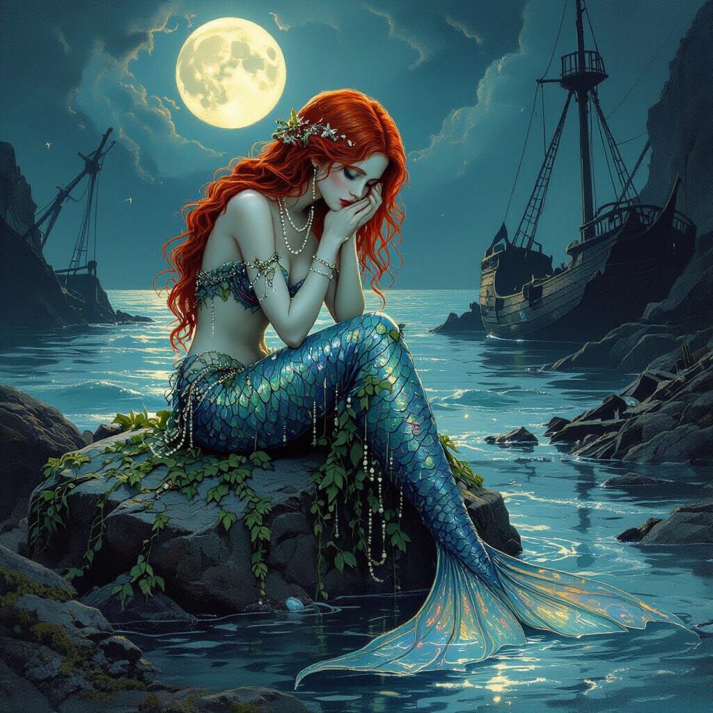 Gothic Mermaid Weeping in Moonlit Cove: Art Nouveau Style