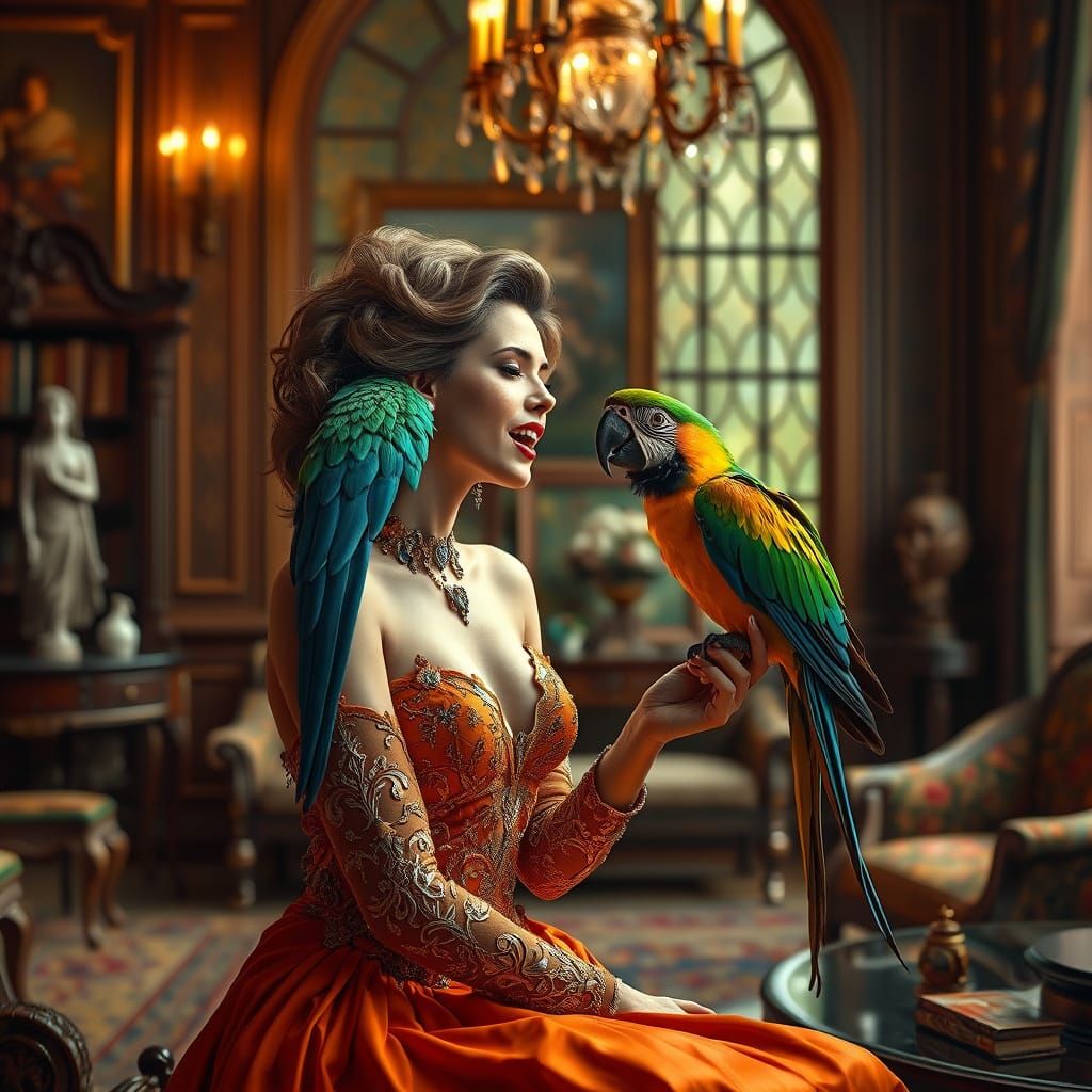 Woman and Parrot Duet in Lavish Study