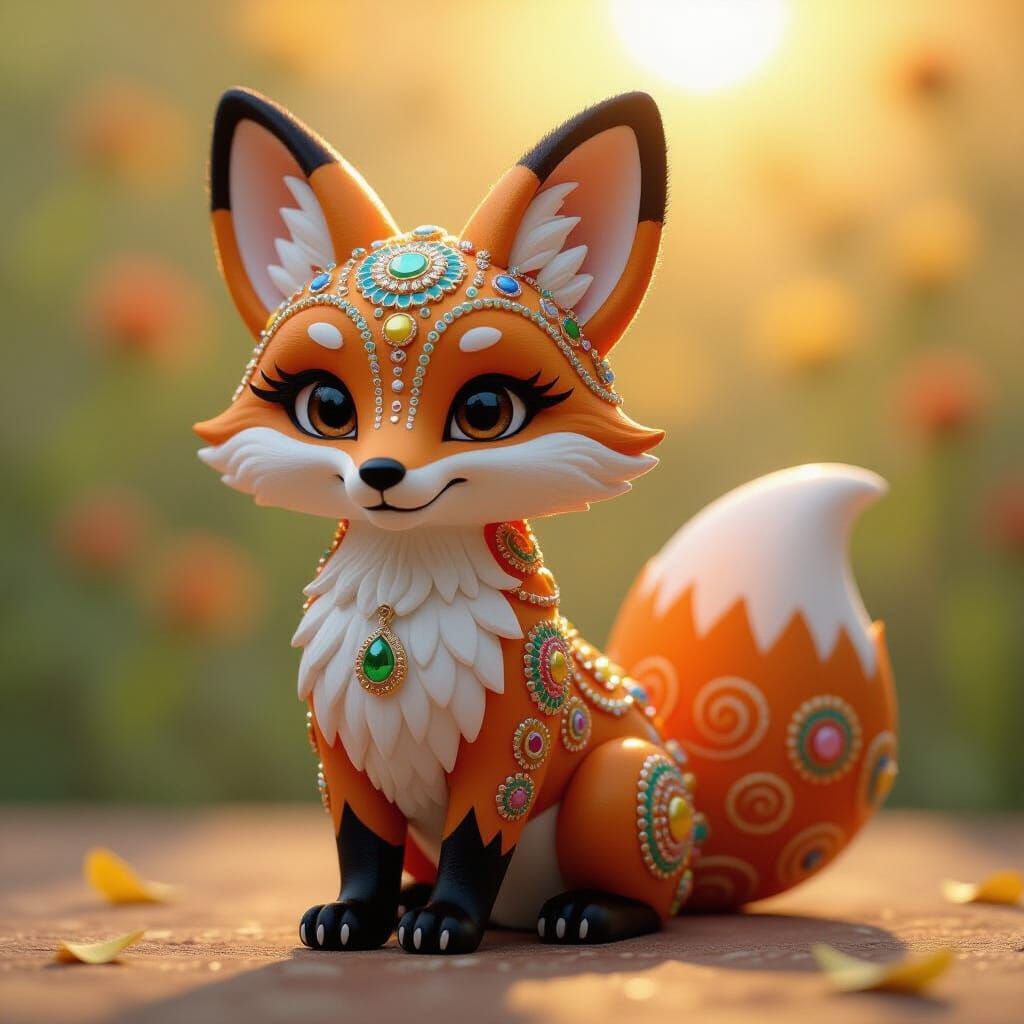 Bead-Encrusted Fox with Intricate Patterns