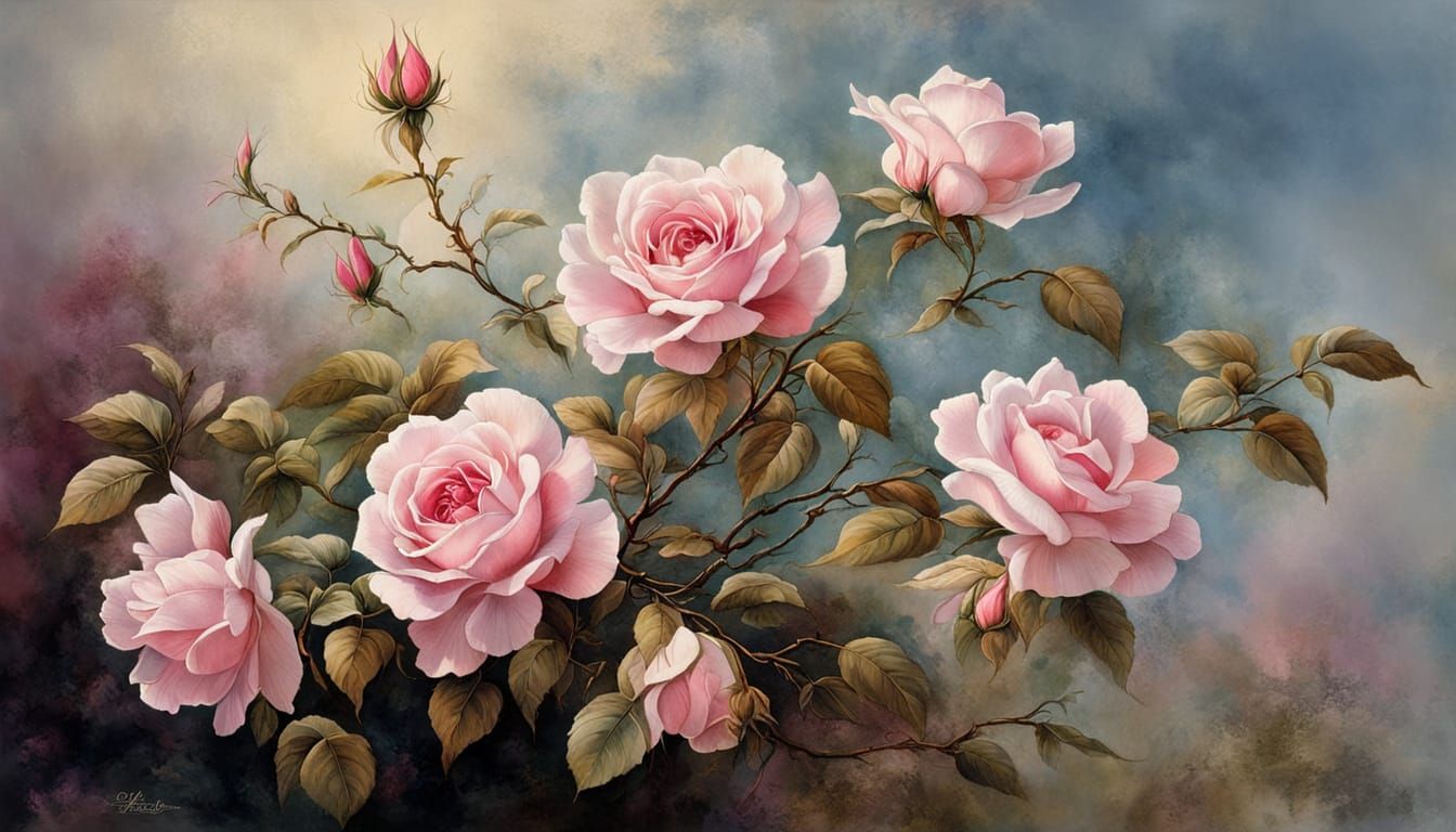 Delicate Pink Roses in Chinese Watercolour Style
